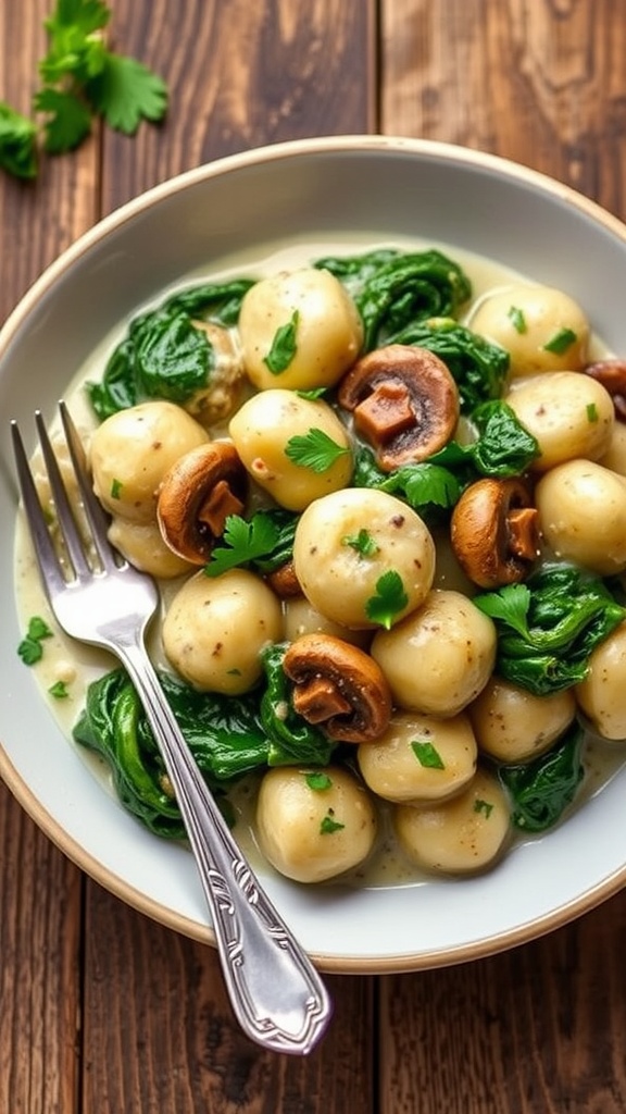Creamy spinach and mushroom gnocchi in a bowl, garnished with parsley.
